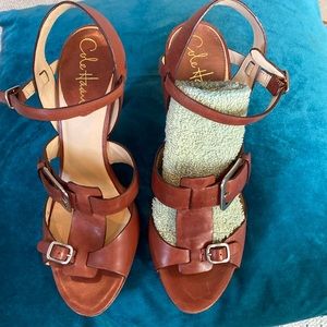 Gently worn. Strappy brown leather sandals with buckles
